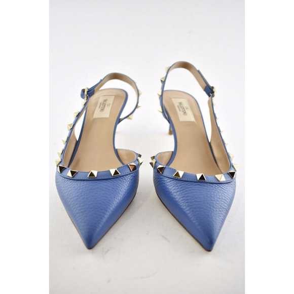Valentino Rockstud 50 Blue Gold Stud Slingback Strap Sandal Kitten Heel Pump 38 - Picture 6 of 11